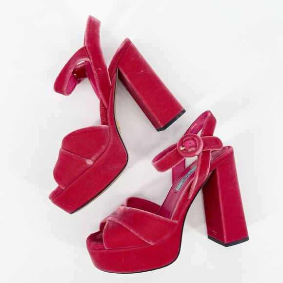Prada Pink Velvet Crisscross Platform Block Heel Ankle Strap Sandals size IT 36 - Picture 5 of 13